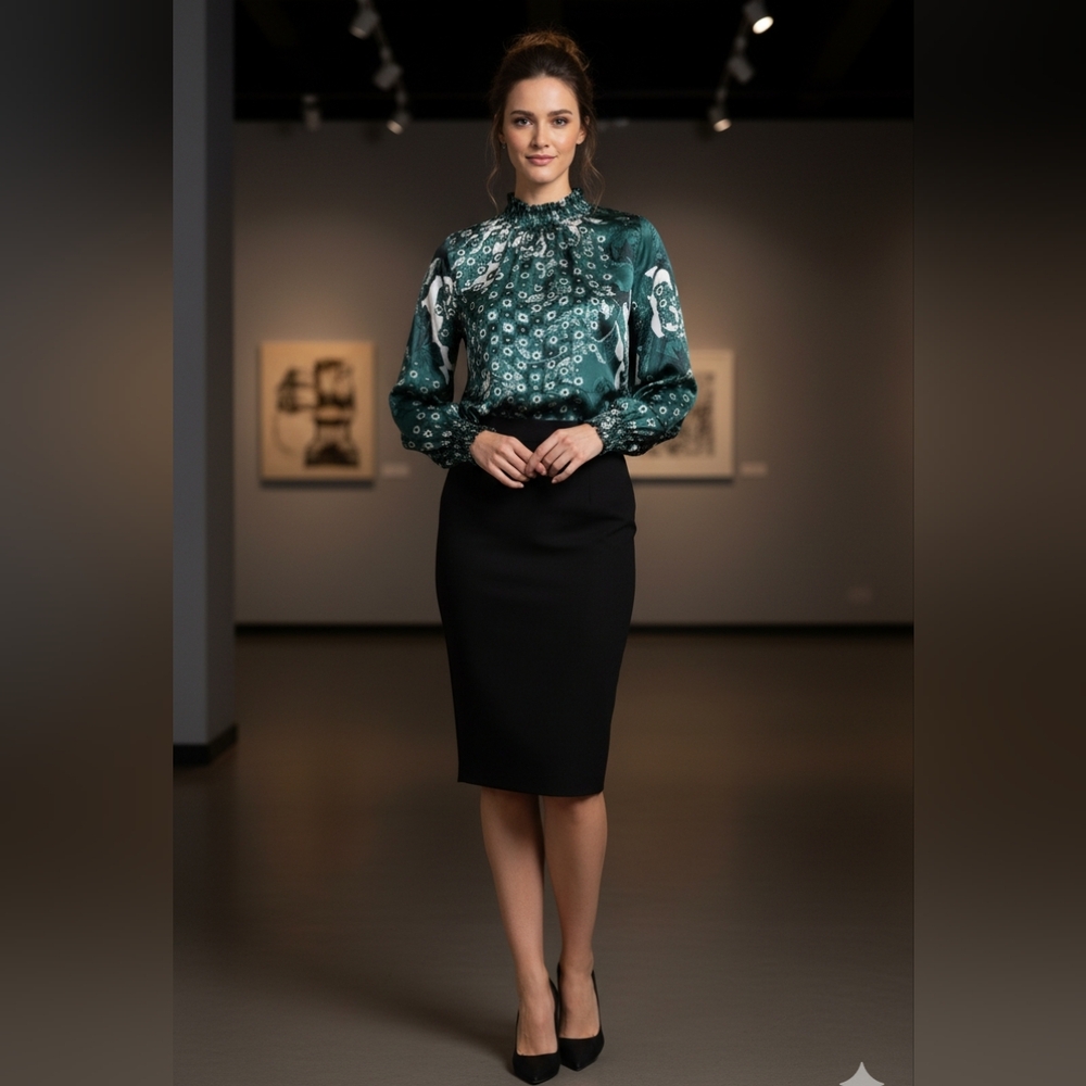 Ted Baker London Teal- Blue Rococo High Neck Floral  Blouse Size (8- 10)